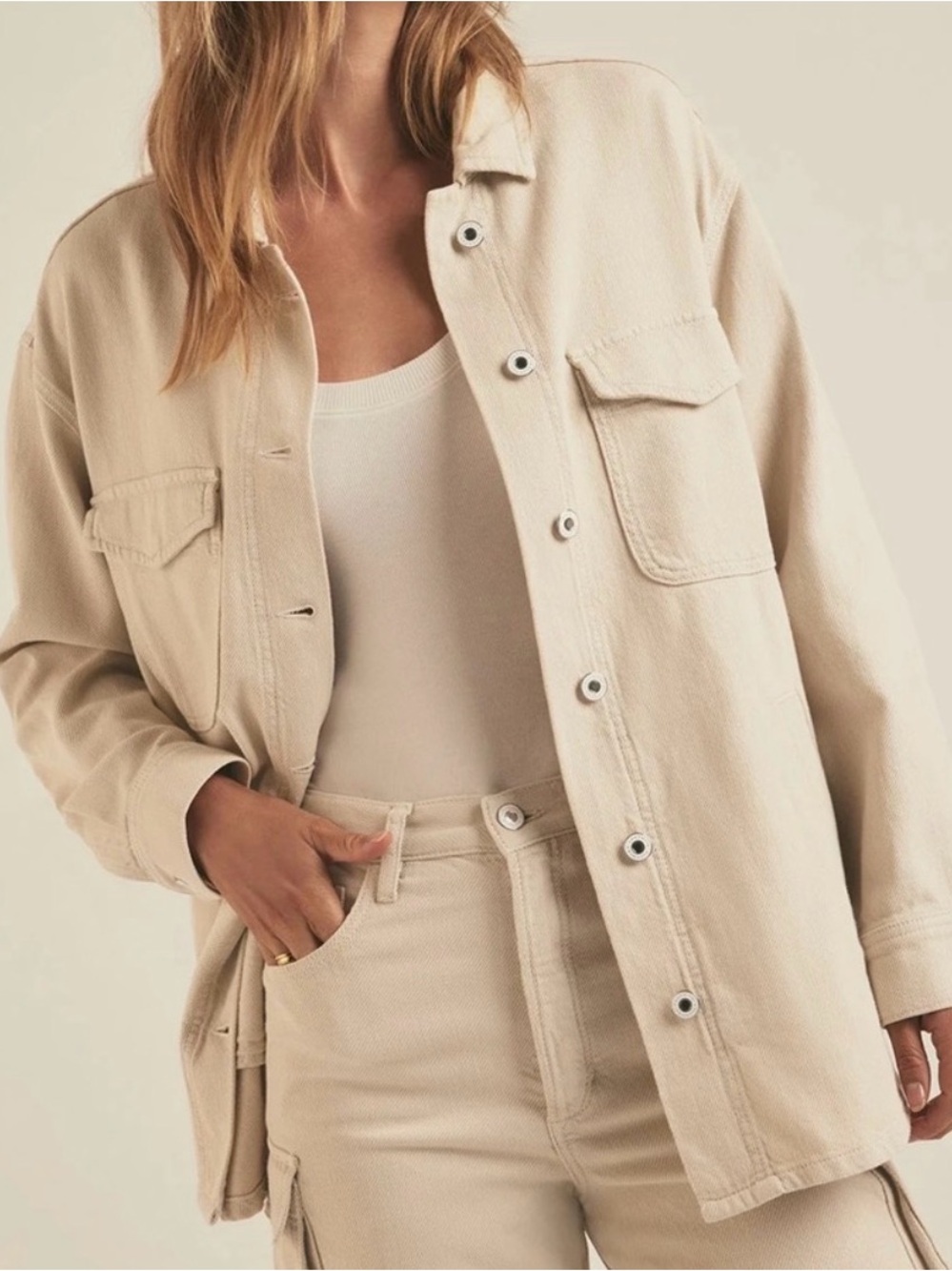 Favorite Daughter Light Beige Oversized Button-Front Shacket
